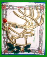 Christmas PIN #0347 Buck Deer Goldtone with Green Holly &amp; Red Nose ~look... - $19.75