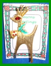 Christmas PIN #0359 MYLU Rhinestone Buck Reindeer Goldtone ~looking left~1960s - £62.13 GBP