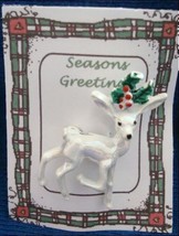 Christmas PIN #0361 VTG Gerrys Buck Reindeer White Irridescent Enamel &amp;Holly Pin - £16.03 GBP