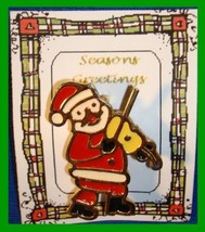 Christmas PIN #0291 Signed BJ Santa &amp; Fiddle Goldtone &amp; Enamel HOLIDAY Brooch - £15.78 GBP
