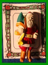 Christmas PIN #0303 Vintage Santa Carry Tree &amp; Horn White Enamel HOLIDAY Brooch - £15.53 GBP
