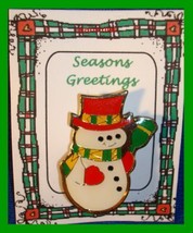 An item in the Collectibles category: Christmas PIN #0312 Enamel Snowman Goldtone, Green & Yellow Scarf & Red Hat VGC