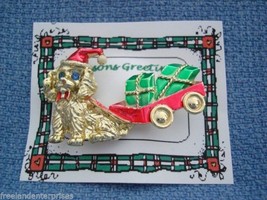 Christmas PIN #0331 VTG Beatrix Dog Pulling Wagon w/Presents Goldtone VGC Brooch - £27.65 GBP