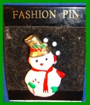 Christmas PIN #0318 Snowman White &amp; Goldtone Red Scarf-Goldtone Hat-Green Mitten - £11.70 GBP