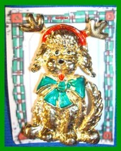Christmas PIN #0333 VTG AJC Reindeer Dog w/Antlers &amp; Green Bow Goldtone  Brooch - £27.41 GBP