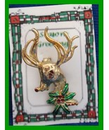 Christmas PIN #0342 Buck Deer &amp; Holly Goldtone w/Enamel Green &amp; Red - £11.06 GBP