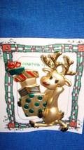Christmas PIN #0376 Signed Danecraft Reindeer w/Christmas Present Goldtone Pin - £15.60 GBP