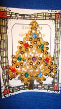 Christmas PIN #0416 Vintage Christmas Tree Pin Goldtone with Rhinestones - £23.83 GBP