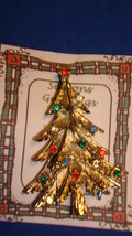 Christmas PIN #0454 Vintage Goldtone Christmas Tree with Rhinestone Ornaments - £15.62 GBP