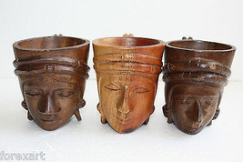 Three Vintage Wooden Mug with Tribal Face Hand Carved Solid Wood Collectible - £75.74 GBP