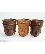 Three Vintage Wooden Mug with Tribal Face Hand Carved Solid Wood Collect... - £75.49 GBP