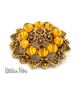 Gold Tone Filigree and Amber Glass Cabochon Brooch, Vintage  - £7.11 GBP