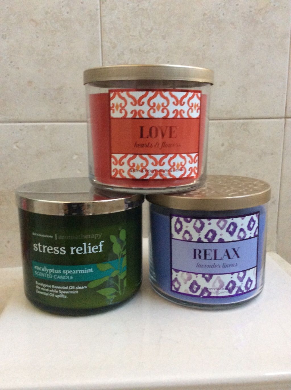 Bath Body Works 3 Wick Candle, Select One Scent:  Love, Relax, Stress Relief - $19.99