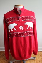 Chaps XL Red 100% Cotton Knit Holiday Polar Bear Mock Neck 1/4 Button Sw... - £19.55 GBP