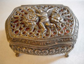 Cherub Trinket Jewelry Box Metal Victorian Rococo Style Filigree Footed Lined - £36.19 GBP