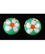 Hand Painted Wood Pink Phlox Green Button Clip On Earrings Just for Fun - £3.60 GBP