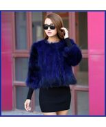 Sapphire Blue Natural Racoon Fur Three Quarter Sleeved Short Coat Jacket Pockets - $272.95
