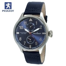 Peugeot - 2044SBL Mens Silver Blue Nylon Band Day Date Calendar Aviator Weekend - £69.25 GBP