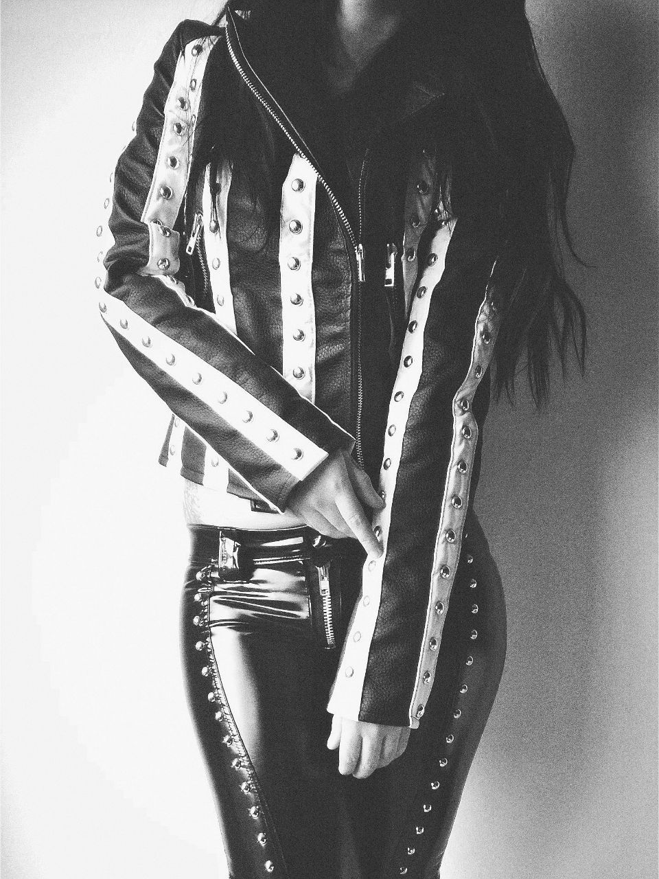 Women Black Straight Zipper  Silver Studded Genuine Leather Waist Belted  Pants