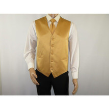 Men's Q Brand Formal Tuxedo Vest Tie and Hankie Satin #10 plain Gold image 3