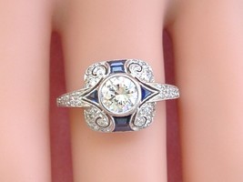 Art Deco Style .63ct Diamond Sapphire Platinum Engagement Cocktail Cushion Ring - £4,059.99 GBP