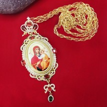 Virgin Mary with Child Jesus Pectoral Cross Necklace Red Zircons Orthodox Gift - £33.50 GBP