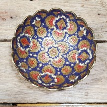Vintage Asian Solid Brass Enamel Peacock Floral Relief Bowl - £23.64 GBP