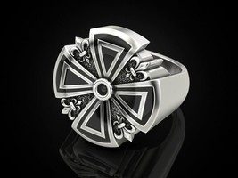 Natural 925 Sterling Silver cross ring heraldic lily enamel, Birthday gift - $162.99