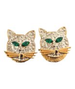 Cat Springy Face Sparkly Earrings Silver Tone Green Eyes Rhinestones Jew... - £19.97 GBP