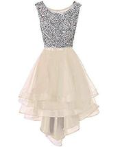 Kivary Beaded High Low Backless Sheer Organza Prom Evening Formal Dresses Beige  - £95.25 GBP