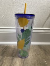 Starbucks Tumbler Cold Cup Summer Clear Floral Lemon &amp; Leaves Tropical 24 Oz NEW - £21.61 GBP