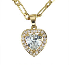Womens Heart Iced CZ Pendant 20&quot; Figaro Necklace 14k Gold Plated Jewelry - £7.50 GBP
