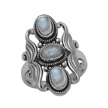 Artisan Crafted Genuine Rainbow Moonstone three stone classic Ring in .925 Sterl - £27.97 GBP