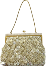 Vintage Beaded Ivory Purse Bag Mother of Pearl Trim Handle Clasp Hong Kong image 2