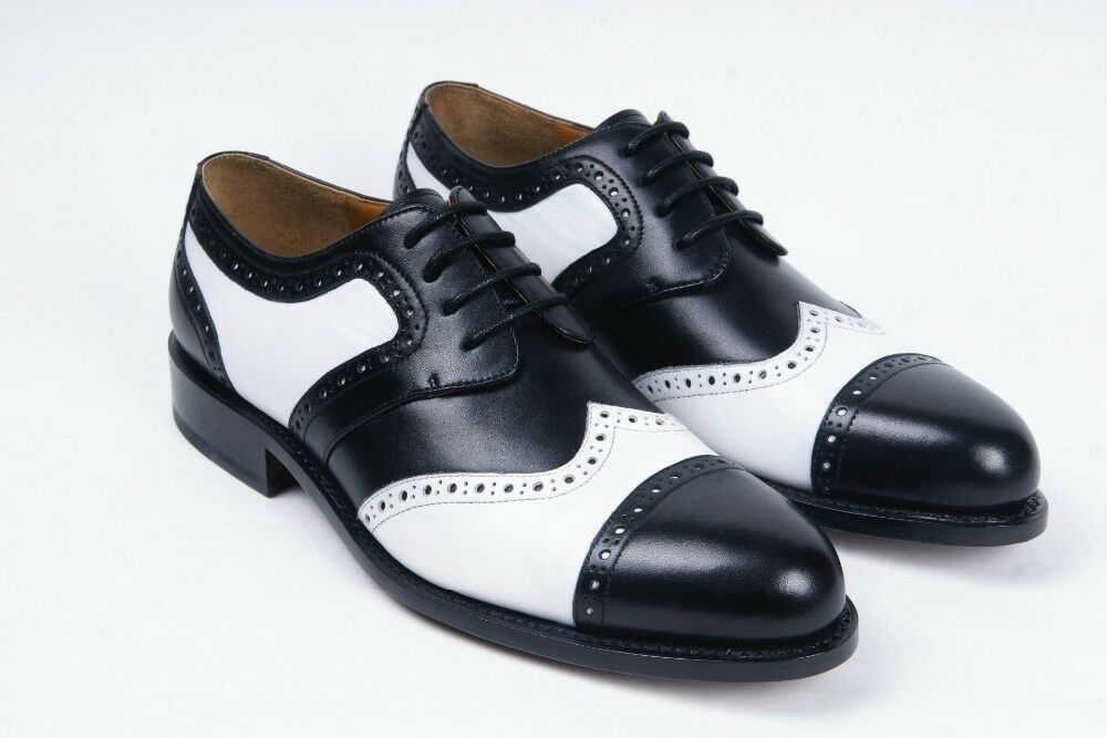 Two Tone Black White Cont Wing Tip Cap Toe Derby Genuine Leather Shoes US 7-16
