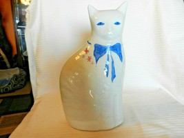 White Ceramic Cat Figurine by Trish 1986 Hand Painted With Flowers and Bow - $60.00