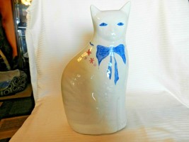 White Ceramic Cat Figurine by Trish 1986 Hand Painted With Flowers and Bow - £47.19 GBP