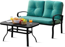 Tangkula Patio Loveseat With Table Set, 2 Seat Cushioned Sofa With, Turq... - $181.99