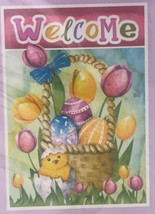 House Garden Yard Flag 28x40&quot; Welcome Easter Eggs Basket Baby Chicks Tulips - £21.94 GBP