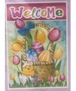 House Garden Yard Flag 28x40&quot; Welcome Easter Eggs Basket Baby Chicks Tulips - £21.77 GBP