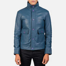  LE Columbus Blue Leather Bomber Jacket - £108.85 GBP+