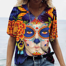 Dia de los muertos skull gothic steampunk Women&#39;s T Shirt Tops V Neck Ca... - £7.95 GBP