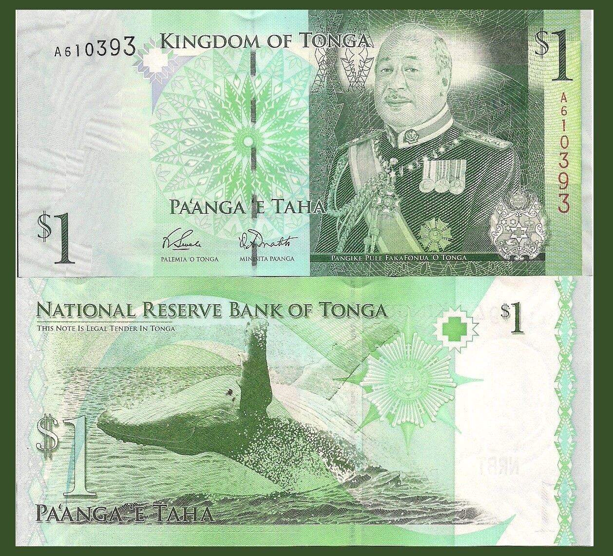 Primary image for Tonga P37a 1 Pa'anga, King George Tupou IV / whale leaping  UNC see UV & w/m