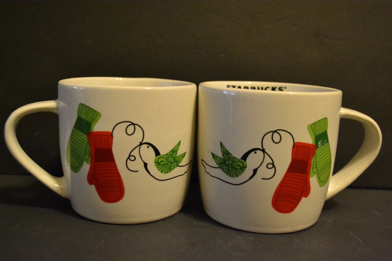 Starbucks 2011 Set of 2 Coffee Mugs Christmas Holiday Mittens Birds - $23.79