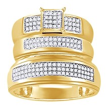 14K Gold Plated 0.75Ct Simulated Diamond Square Cluster Trio Set Engagement Band - £117.63 GBP