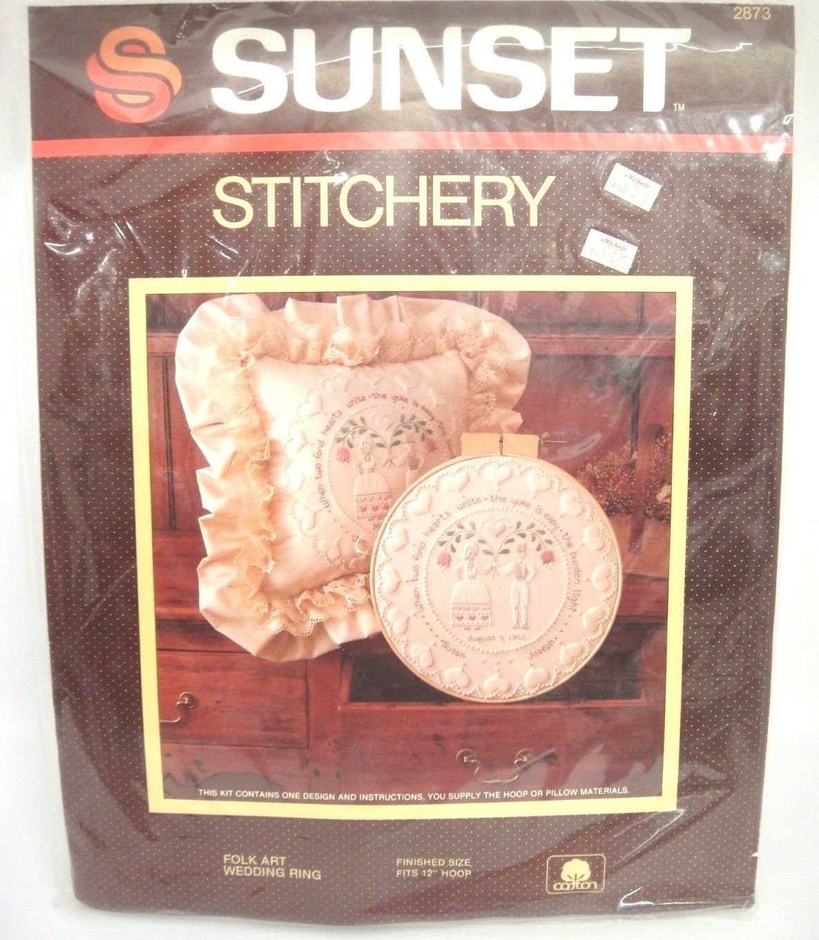 Vintage Sunset Stitchery Kit 2873 Folk Art Wedding Ring for 12" Hoop Pillow NIP - £5.90 GBP