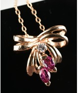 * 14K Yellow Gold Ruby Diamond Bow Pendant Necklace 17&quot; - $3,681.93 MXN
