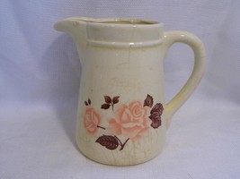 vintage Pottery coffee tea juice serving PITCHER w/ pink roses, brown le... - £13.57 GBP