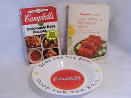 2 vintage advertising CAMPBELL&#39;S SOUP recipe Cookbooks &amp; milk glass Soup BOWL - £11.98 GBP