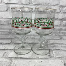 Libbey Holly Berry Gold Rim Christmas Stemmed Wine Water Glasses Goblet Set of 2 - £17.56 GBP